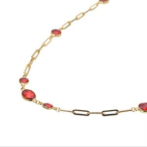 Simulated Ruby Paper Clip Chain Station Necklace 28 Inches ION Plated. E990